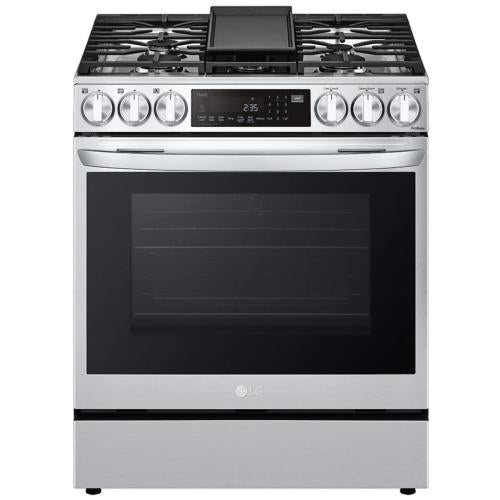 LG LSGL6335F 30 Inch Smart Instaview™ Slide-in Gas Range with 5 Sealed Burners, 6.3 cu. ft. Capacity, ProBake Convection Oven® with Air Fry, UltraHeat Burner™, EasyClean®, 11 Cooking Modes, Griddle, Storage Drawer, and Sabbath Mode