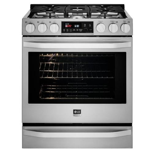 LG LSSG3016ST 30 Inch Slide-In Gas Range with 6.3 cu. ft. ProBake Convection, 5 Sealed Burners, 18,500 BTU UltraHeat Burner, Warming Drawer, EasyClean Self-Cleaning and 2 Year Warranty