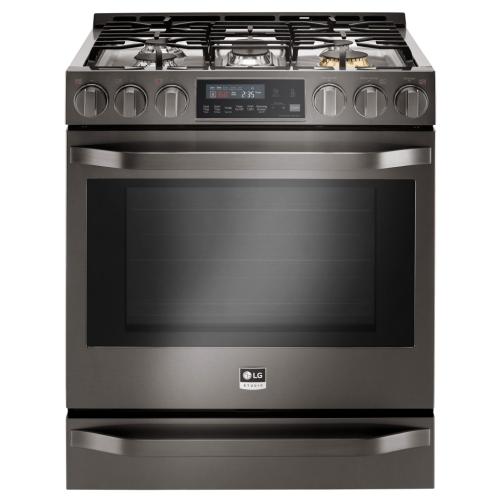 LG LSSG3019BD 30 Inch Slide-In Gas Range with 6.3 cu. ft. ProBake Convection, 5 Sealed Burners, 18,500 BTU UltraHeat Burner, Warming Drawer, EasyClean Self-Cleaning and 2 Year Warranty: Black Stainless Steel